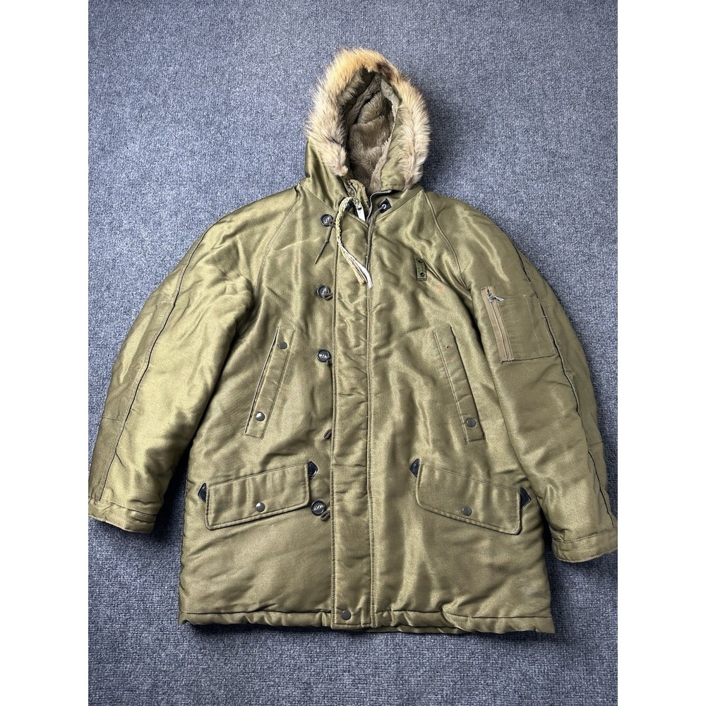 Mens Parka Jacket Sears Sportswear Fur Hood Olive Green, Size 42 L
